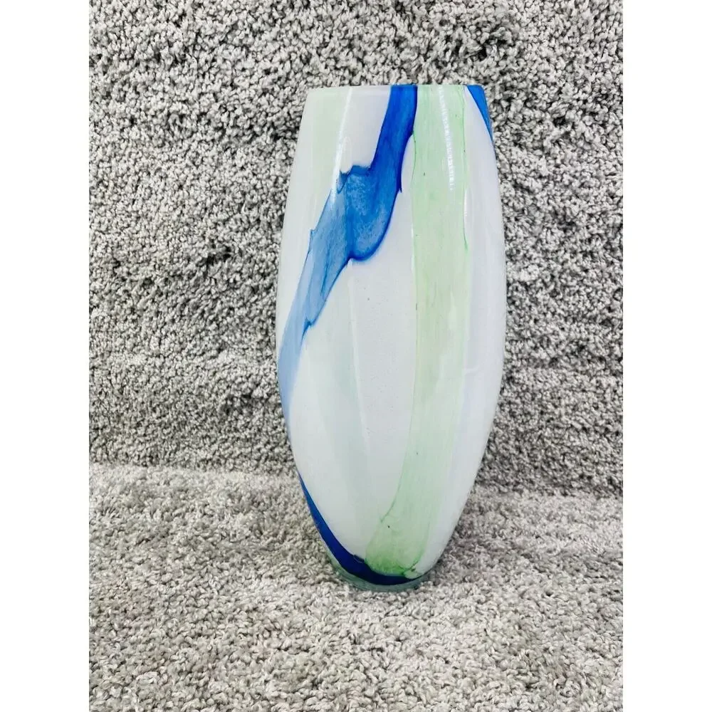 Art Deco Abstract White Blue Ceramic Glass Oval Vase